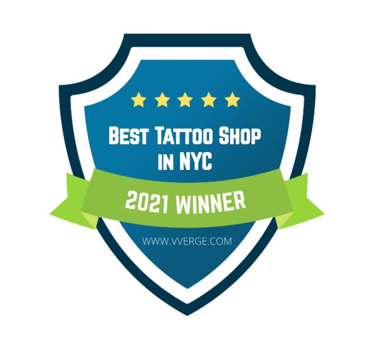 Green and blue badge featuring "Best Tattoo Shop in NYC 2021 Winner" with five stars.